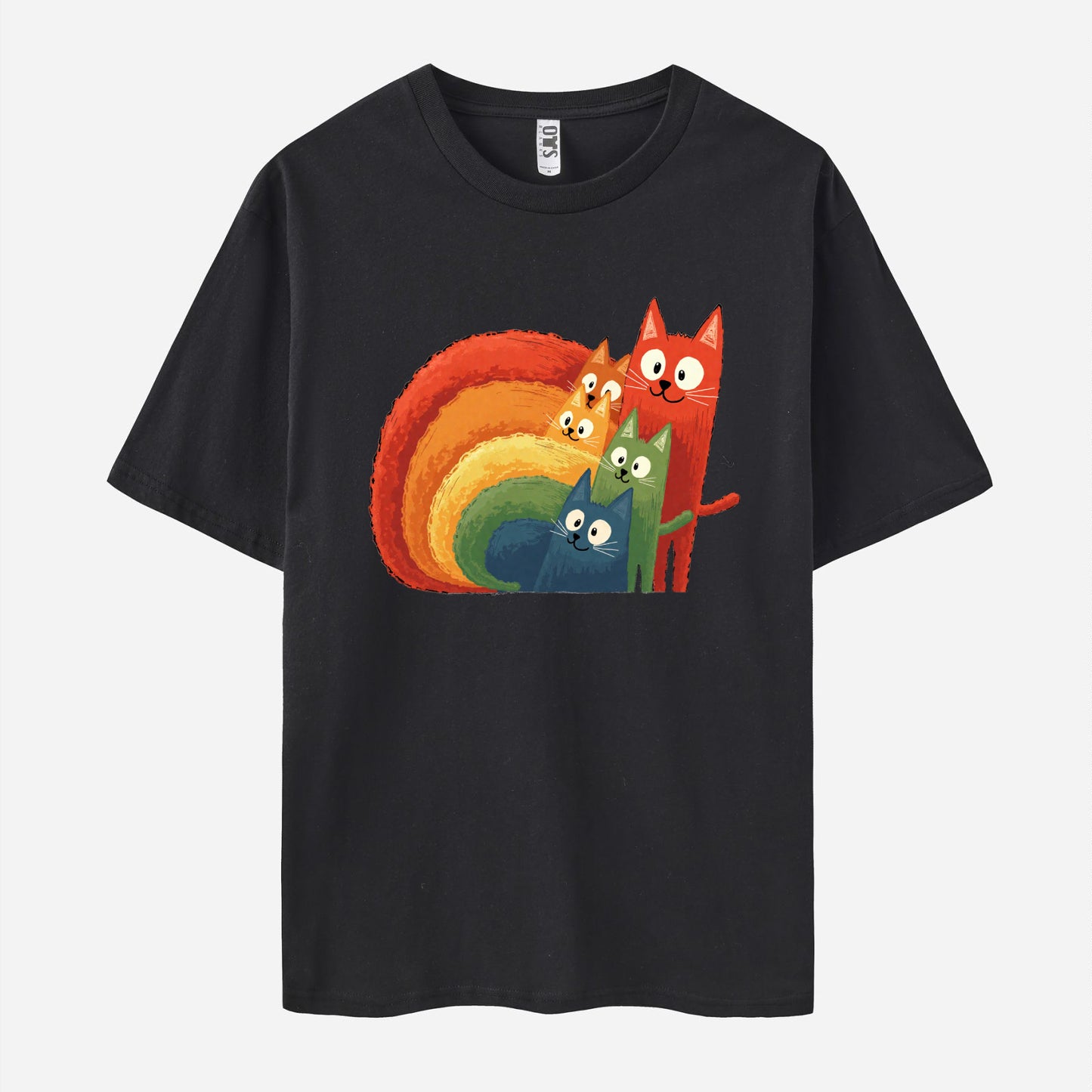 'Rainbow Cats' Print Short Sleeve Crew Neck T-shirt