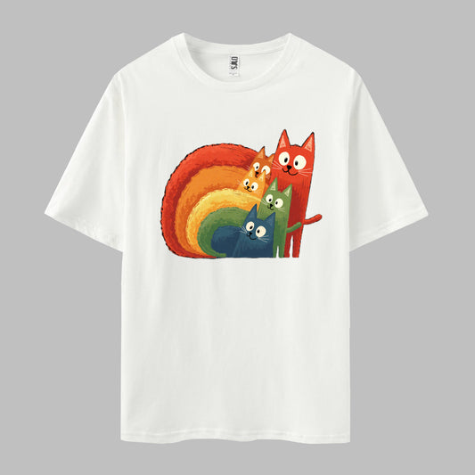 'Rainbow Cats' Print Short Sleeve Crew Neck T-shirt