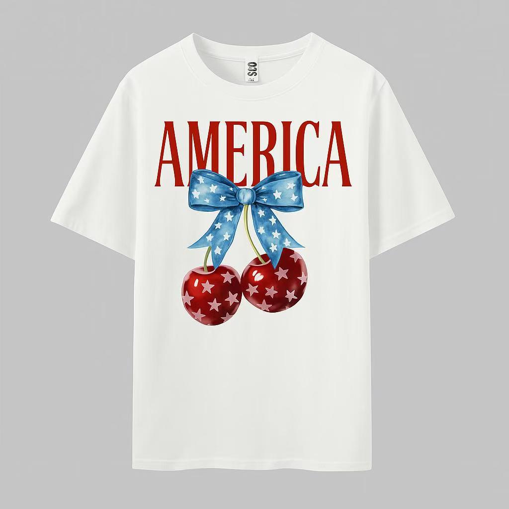 Cute Cherry Print Short Sleeve Crew Neck T-shirt