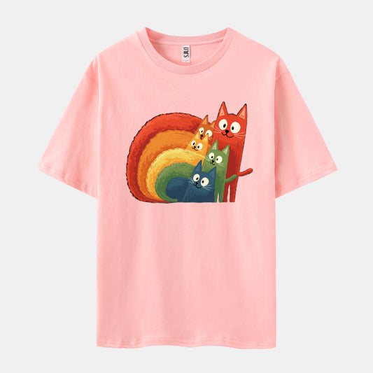 'Rainbow Cats' Print Short Sleeve Crew Neck T-shirt