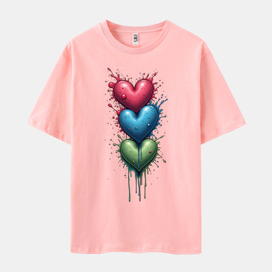 Heart Print Short Sleeve Crew Neck T-shirt