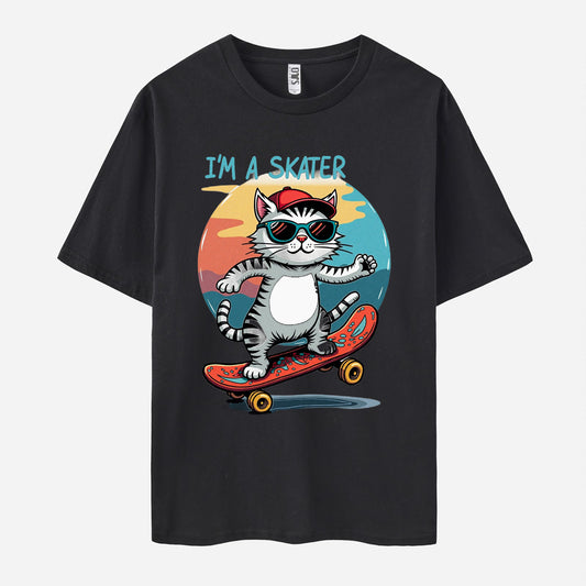 Skateboard Cat Print Short Sleeve Crew Neck T-shirt