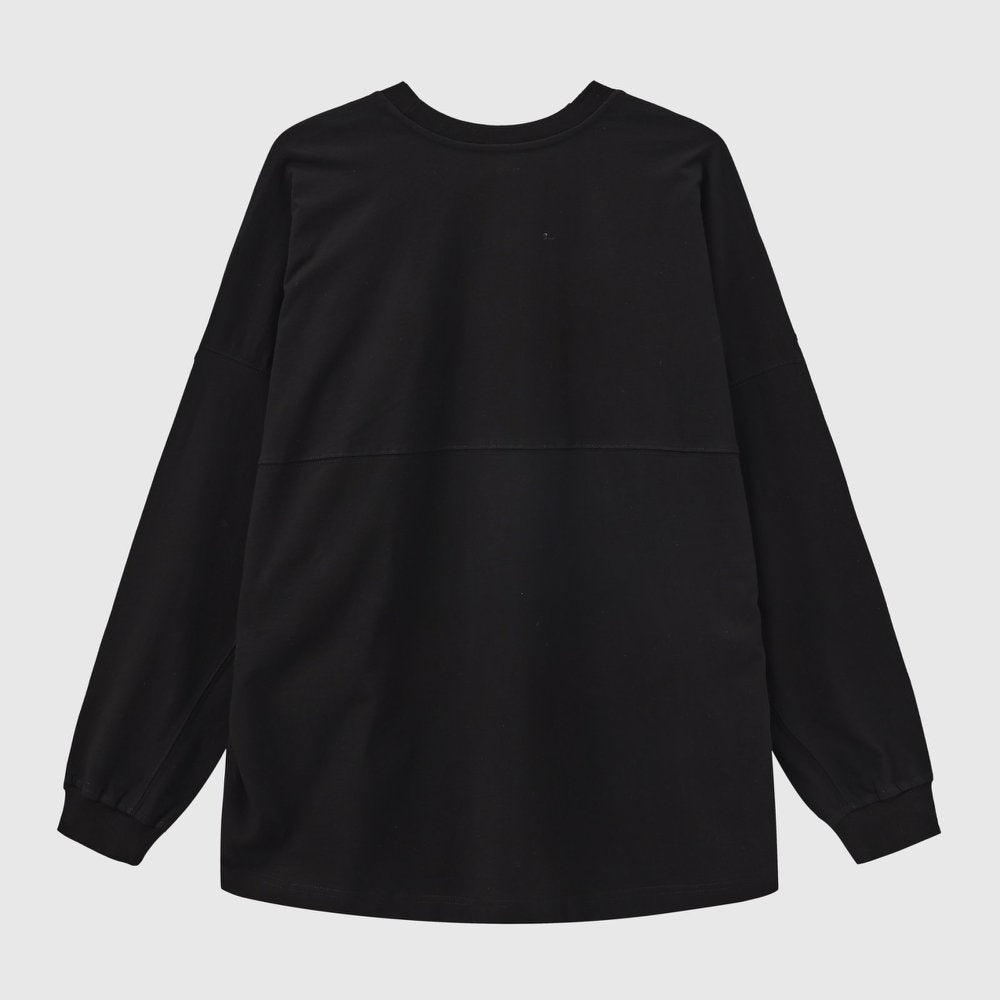 Solid Black Long Sleeve Crew Neck Hem Side Slit Loose T-shirt