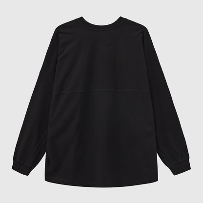 Solid Black Long Sleeve Crew Neck Hem Side Slit Loose T-shirt