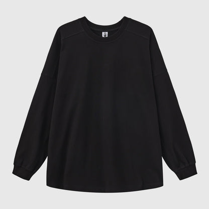 Solid Black Long Sleeve Crew Neck Hem Side Slit Loose T-shirt