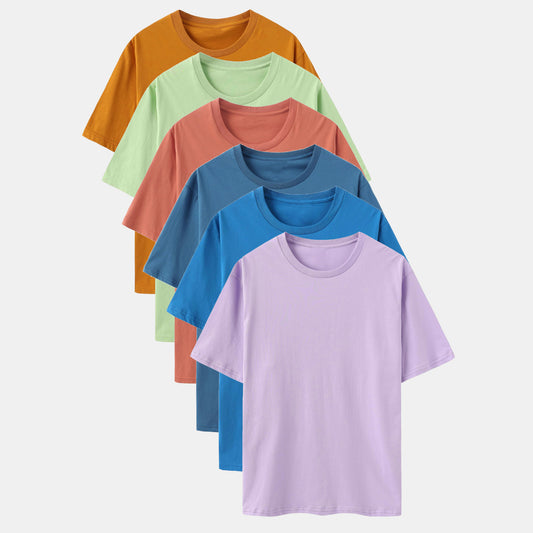 Unisex Solid 6-Pack Crew Neck（Soft Violet/Turquoise/Dark Pool/Faded Peach/Sage Leaf/Gold Amber)