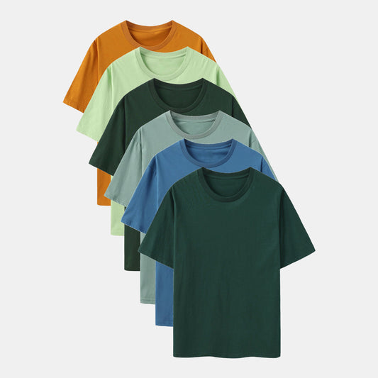 Unisex Solid 6-Pack Crew Neck（Midnight Teal/Dark Pool/Stone Blue/Spruce Green/Sage Leaf/Gold Amber)