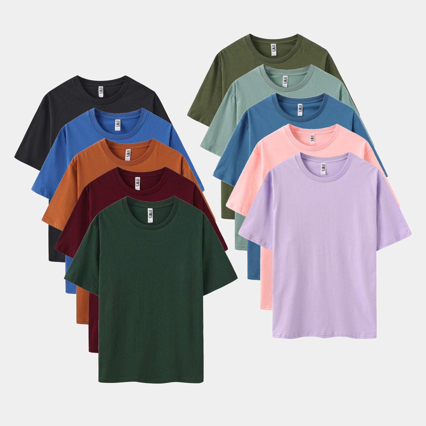 XS-3XL Unisex Solid 10-Pack Crew Neck（Black/Vivid Blue/Cinnamon Stick/Rich Wine/Spruce Green/Surplus Green/Stone Blue/Dark Pool/Cupid/Soft Violet)