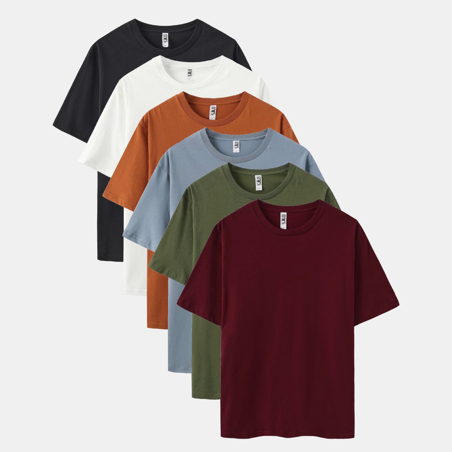 Unisex Solid 6-Pack Crew Neck（Black/White/Cinnamon Stick/Steel/Surplus Green/Rich Wine）