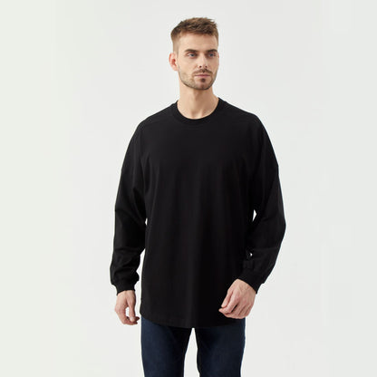 Solid Black Long Sleeve Crew Neck Hem Side Slit Loose T-shirt