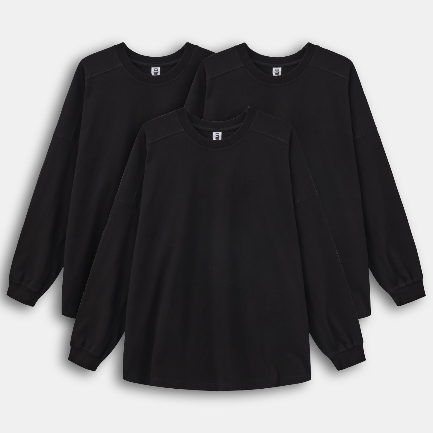 All Black 3-Pack Long Sleeve Hem Side Slit Loose Crew Neck T-shirt