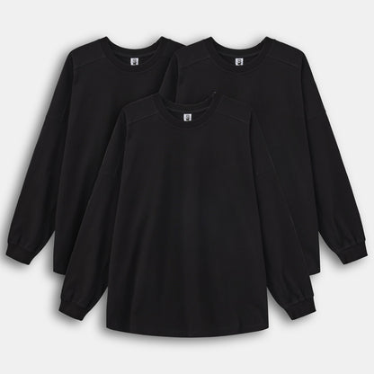 All Black 3-Pack Long Sleeve Hem Side Slit Loose Crew Neck T-shirt