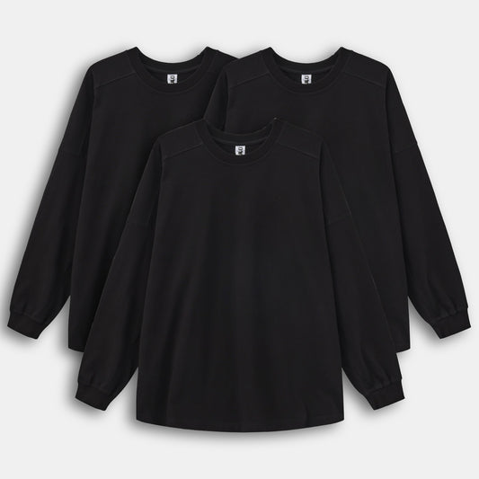 All Black 3-Pack Long Sleeve Hem Side Slit Loose Crew Neck T-shirt