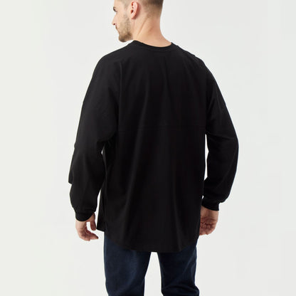 Solid Black Long Sleeve Crew Neck Hem Side Slit Loose T-shirt