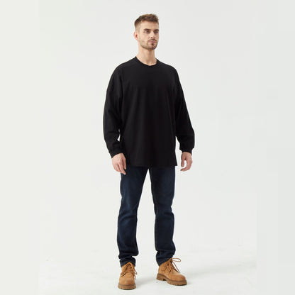 Solid Black Long Sleeve Crew Neck Hem Side Slit Loose T-shirt