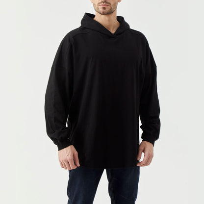 Black Long Sleeve Hem Side Slit Loose Hooded Top