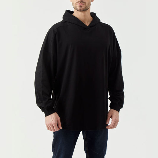 Black Long Sleeve Hem Side Slit Loose Hooded Top