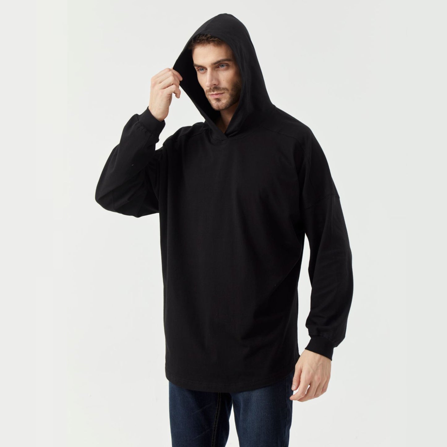 Black Long Sleeve Hem Side Slit Loose Hooded Top