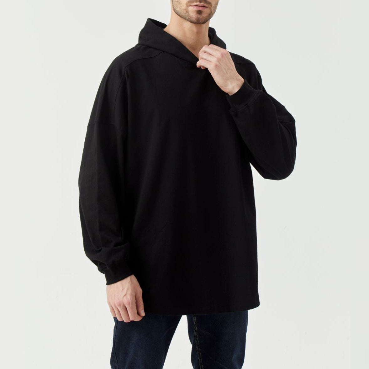 Black Long Sleeve Hem Side Slit Loose Hooded Top