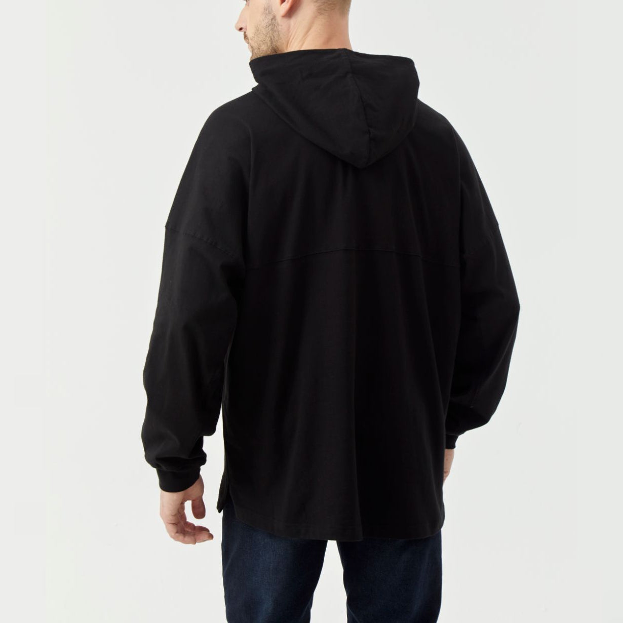 Black Long Sleeve Hem Side Slit Loose Hooded Top